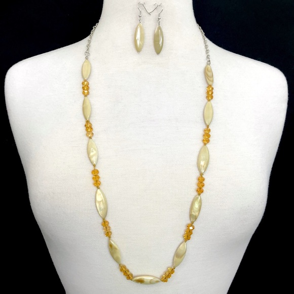 Long Tan Brown Shell & Glass Beaded Necklace Earrings Set - Picture 1 of 3